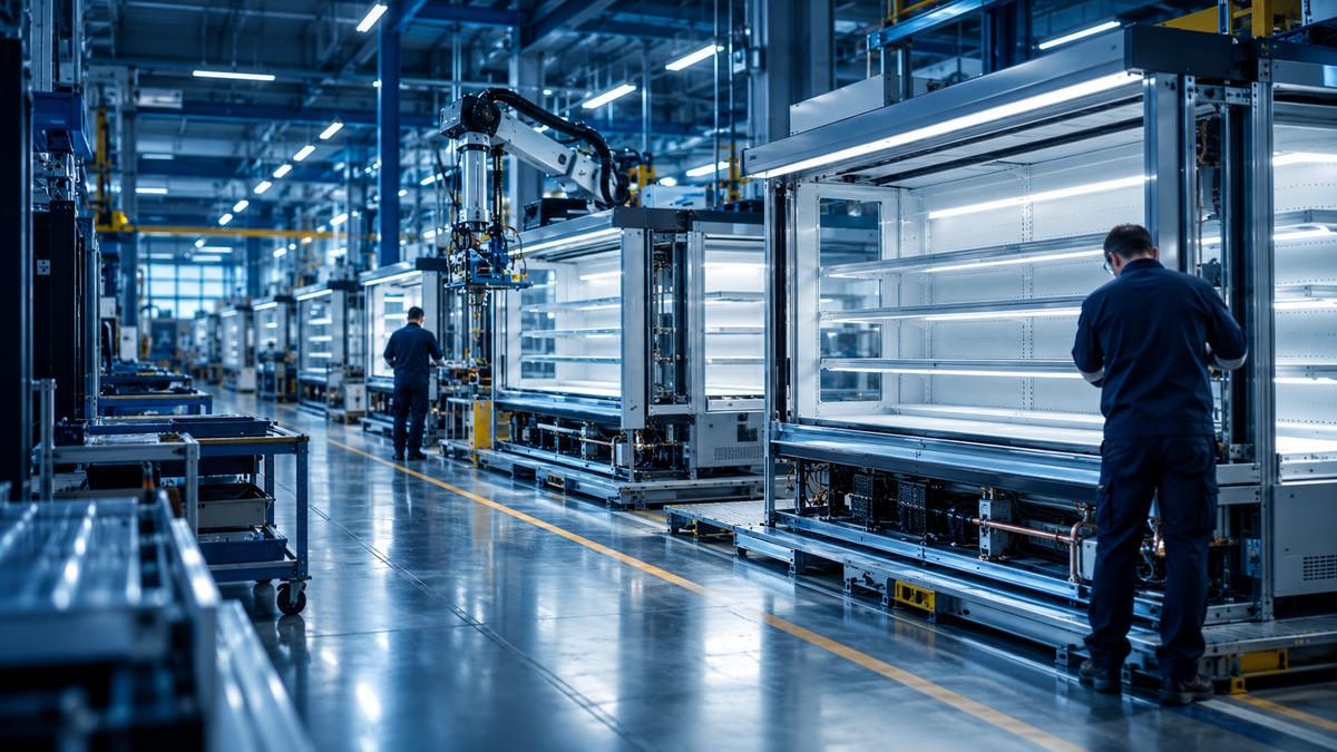 Refrigerated display cabinets on a factory production line